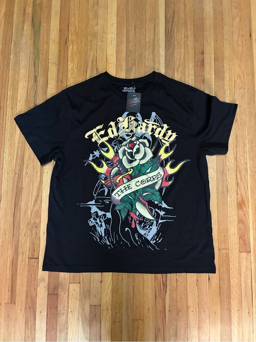 Ed Hardy Black Short-Sleeve Tee with Multicolor Rose Banner Graphic